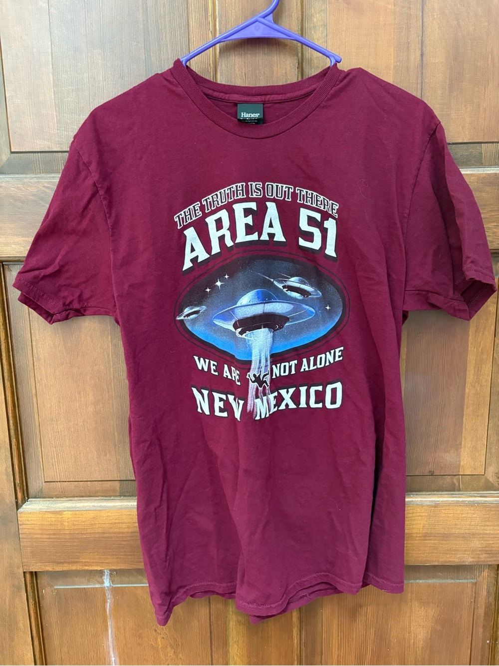 Maroon Hanes Area 51 New Mexico UFO Alien Graphic Tourist Tee.